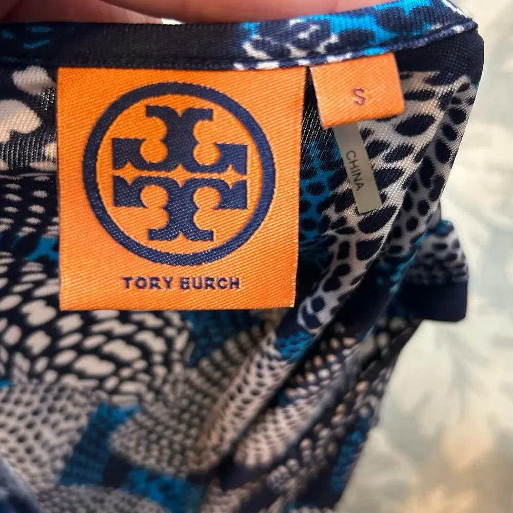 Tory Burch Silk Dress S‎ Blue Coastal Resort Sea Shells Gold Buttons Faux Wrap